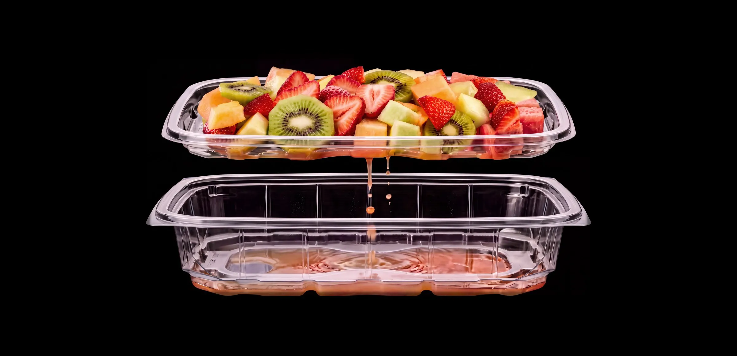 Lucid Infinity® two-chamber tray on black — cut fruit on the top tray, juice dripping into the chamber below