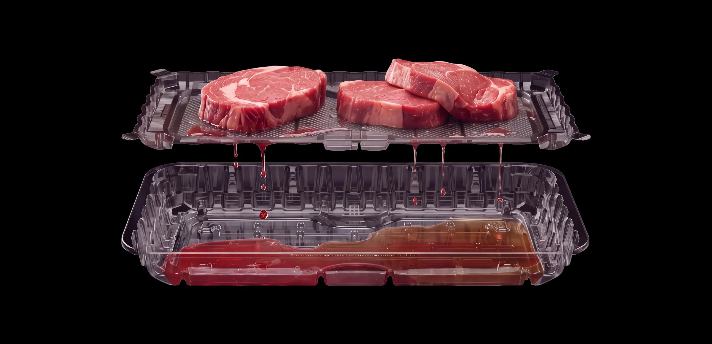 Lucid Infinity® two-chamber tray on black — raw steaks on the top tray, purge dripping into the chamber below
