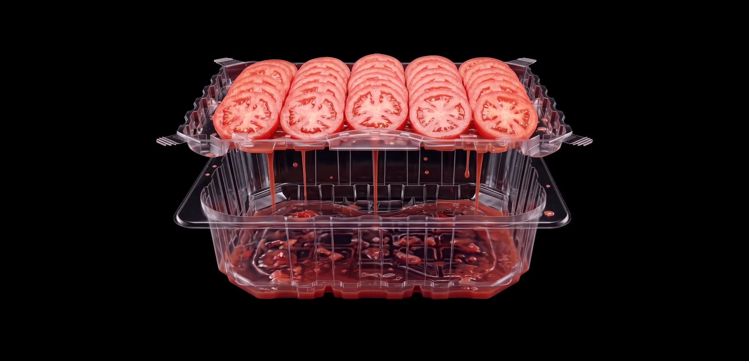 Lucid Infinity® two-chamber tray on black — sliced tomatoes on the top tray, juice dripping into the chamber below