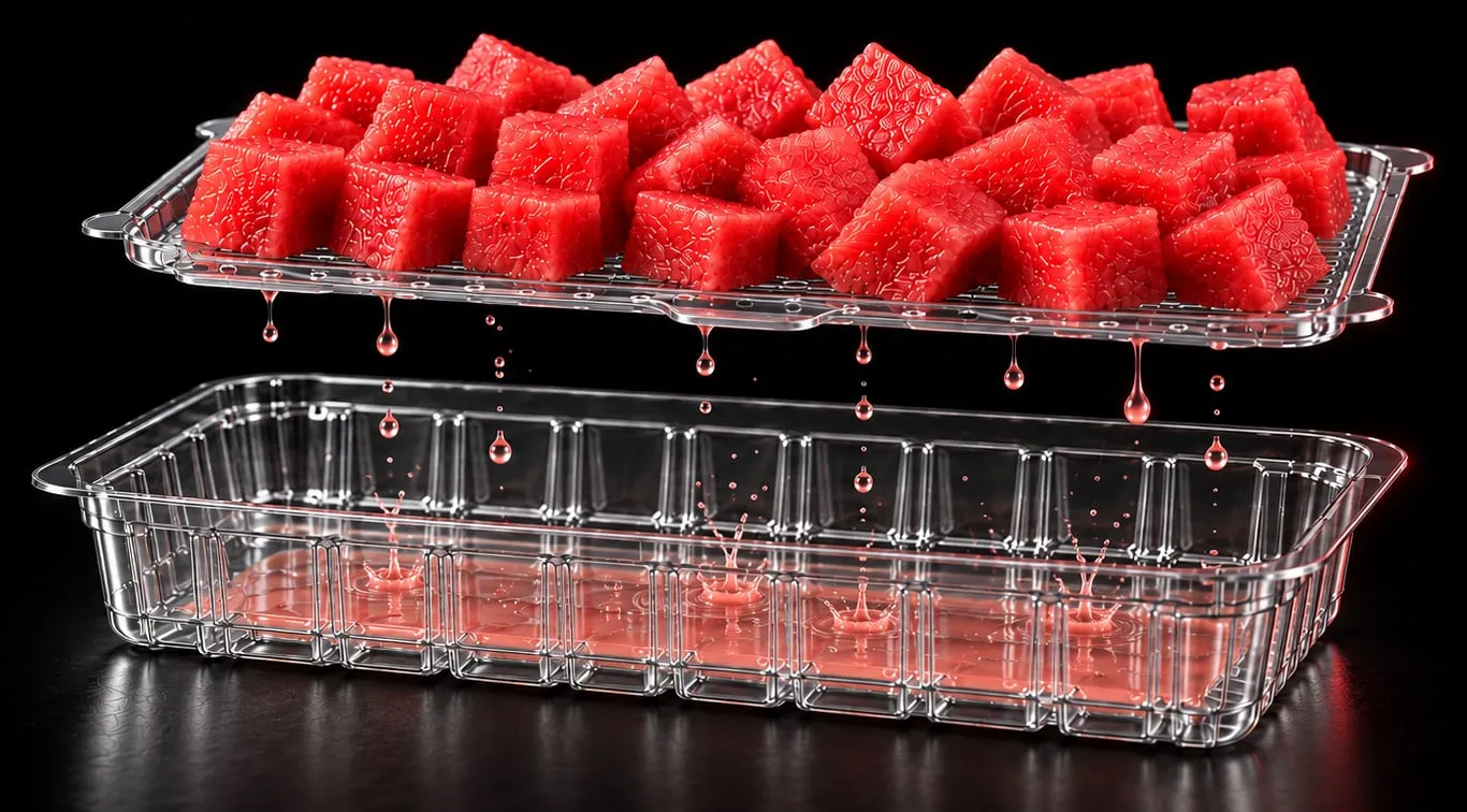 Lucid Infinity two-chamber tray on black — watermelon cubes dripping into the purge chamber below