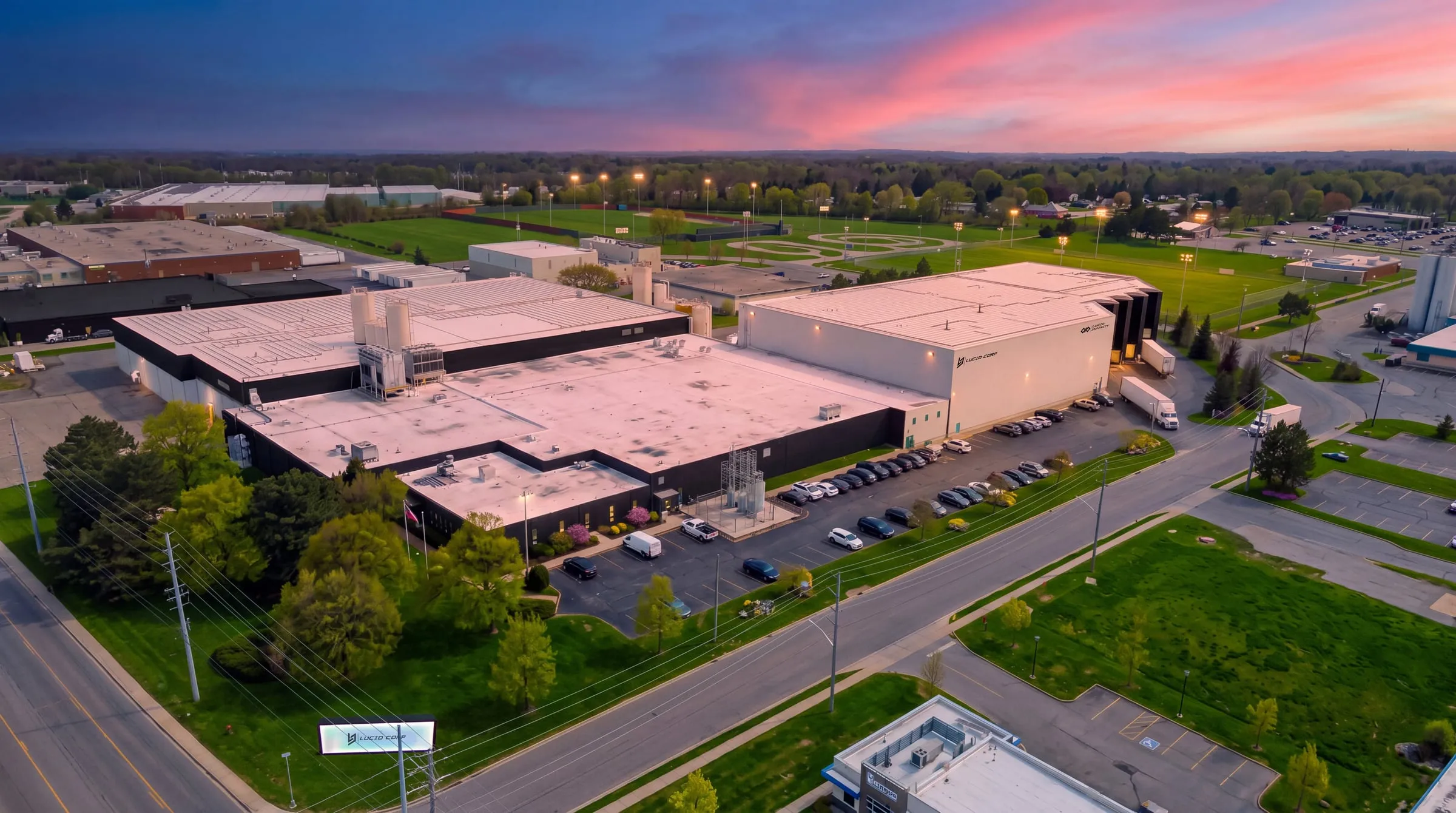 Aerial view of the Lucid manufacturing facility in Brampton, Ontario