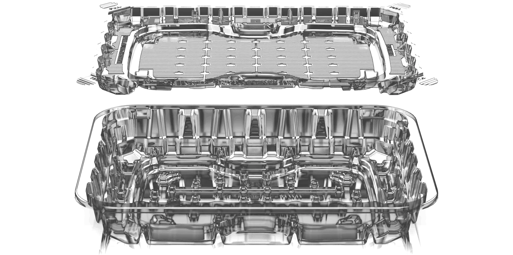 Lucid two-chamber clear PET tray, shown exploded