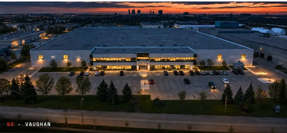 02 · Vaughan — Lucid manufacturing facility at dusk