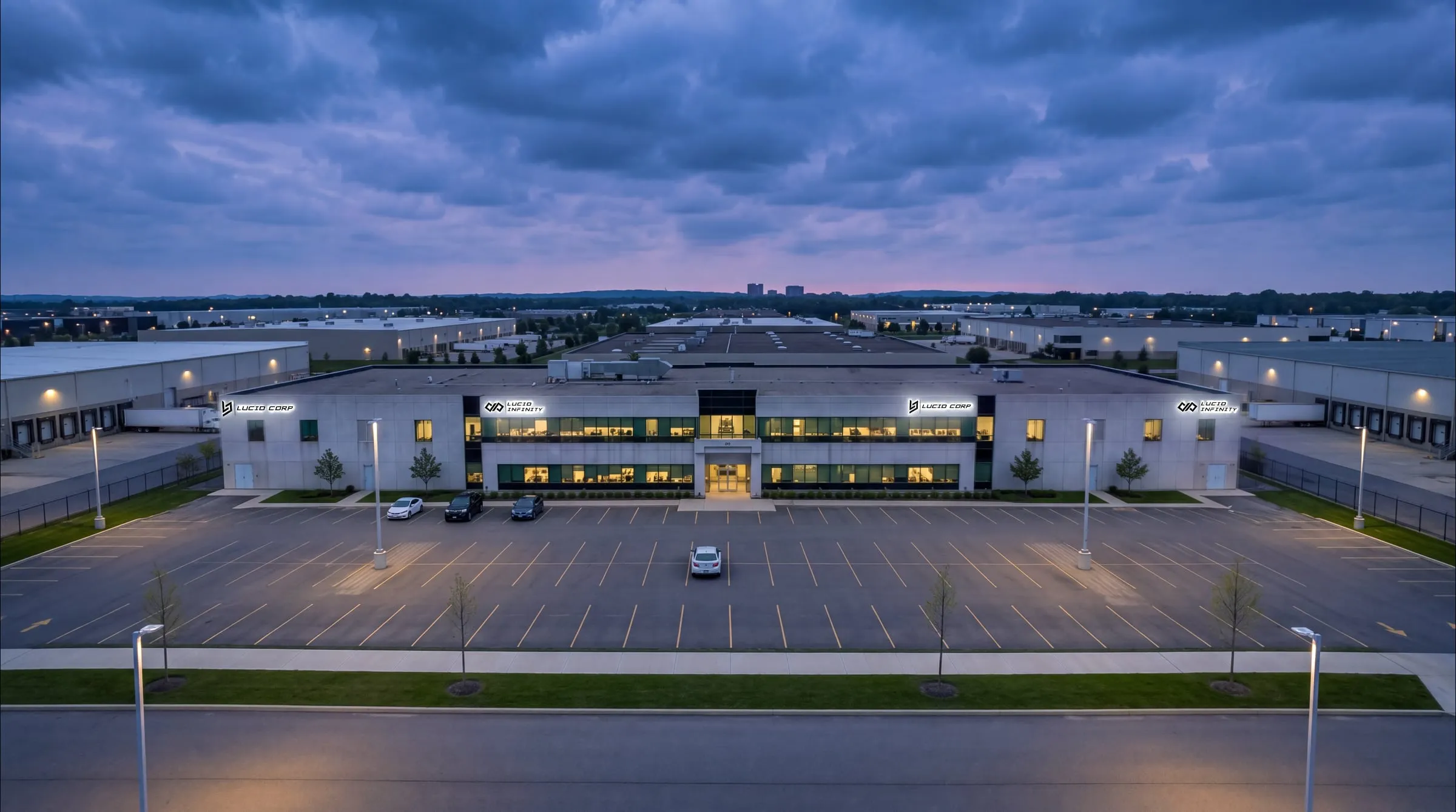 Aerial view of the Lucid facility in Vaughan, Ontario at dusk